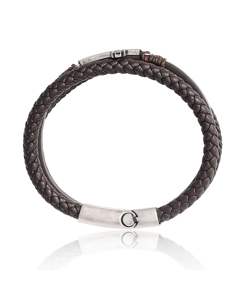 Lucky Brand Braided Leather Bracelet with Cross - Brown Leather Wrap Bracelet for Men