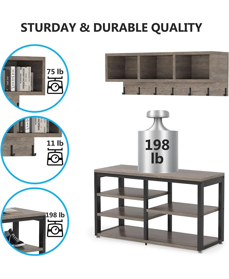 Tribesigns Coat Rack Set and Industrial Shoe Bench, 3 Storage Cubbies, 7 Hooks for Entryway, Hallway