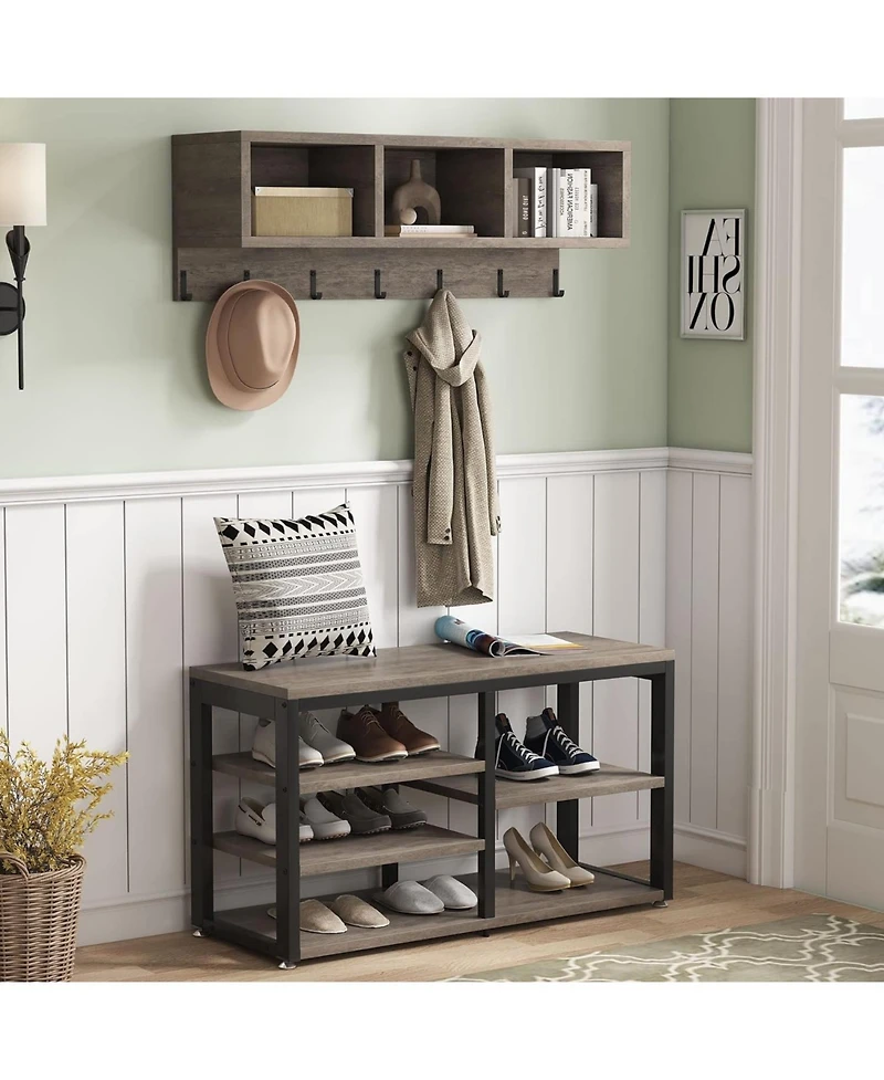 Tribesigns Coat Rack Set and Industrial Shoe Bench, 3 Storage Cubbies, 7 Hooks for Entryway, Hallway