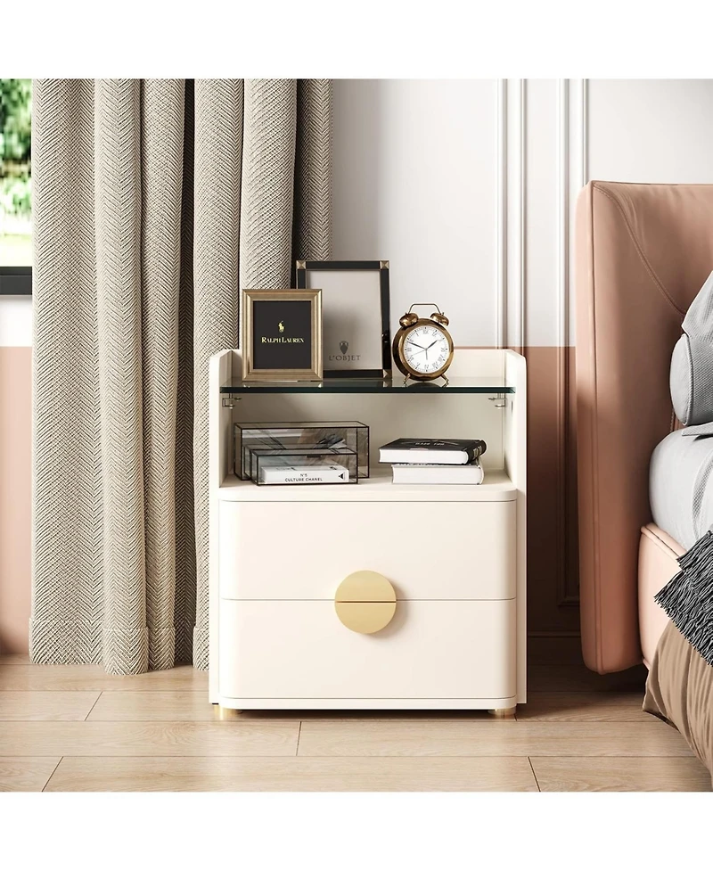 Tribesigns 2-Drawer Modern Nightstand with Open Storage Space and Gold Round Metal Legs,Wood Bed Side Table for Bedroom,Living Room