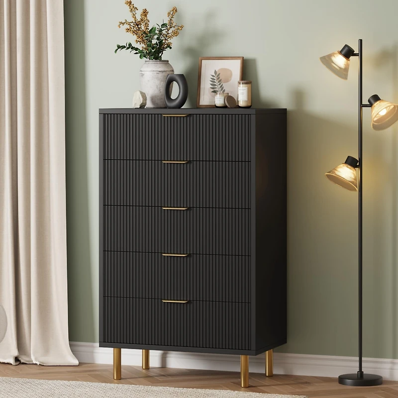 gaomon Black Dresser, Modern 5 Drawer Dresser for Bedroom with Gold Handle and Large Drawer