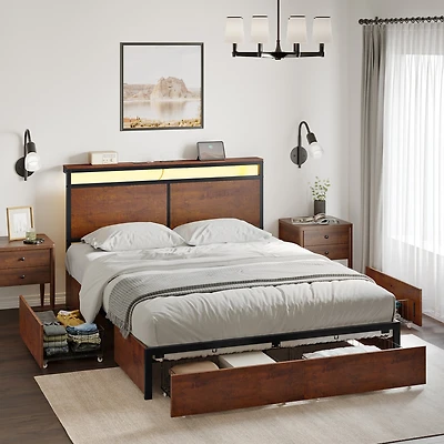 Hausource Modern Full Bed Frame with Led Headboard, 4 Storage Drawers, No Box Spring Needed