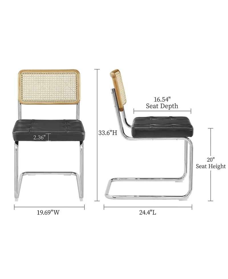 Homlux Set of 2 Rattan Dining Chairs Set Faux Leather Upholstered Mesh Back Cane Armless Chairs W/Chrome Metal Legs&Woven Backrest