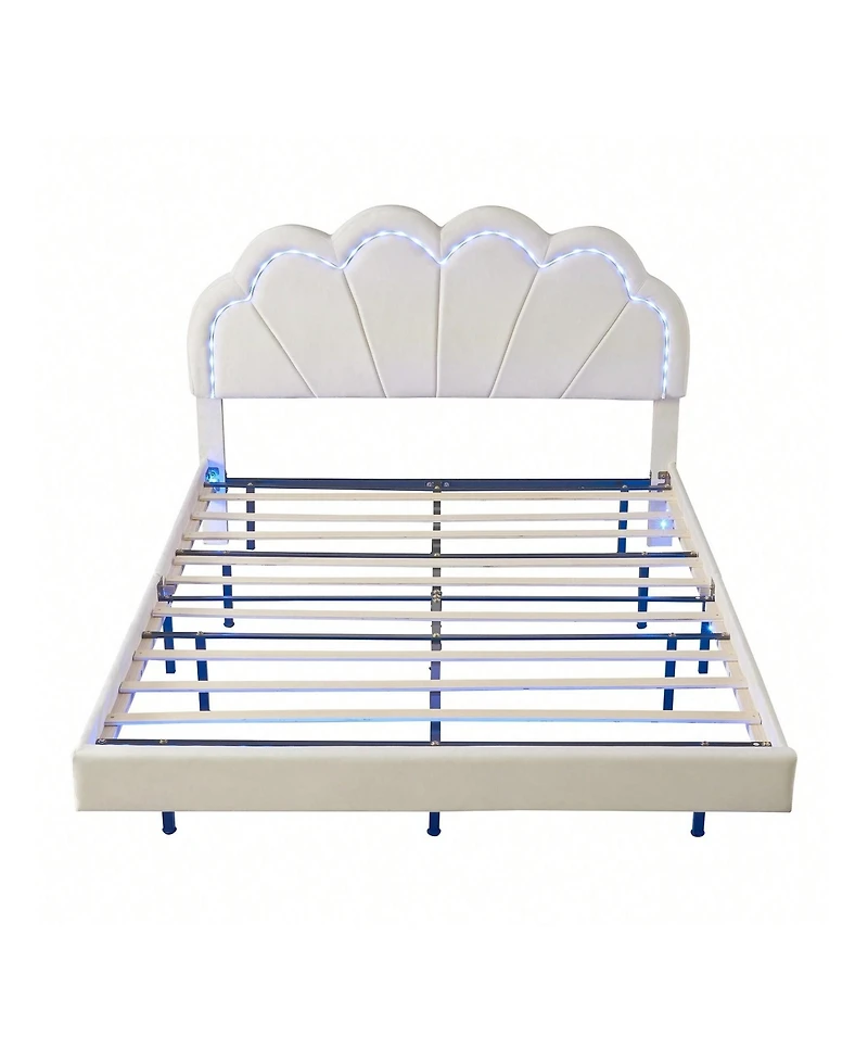 gaomon Queen Upholstered Bed Frame, Queen Platform Bed With Led Lights, Metal Legs, Flowers Headboard, Remote Control