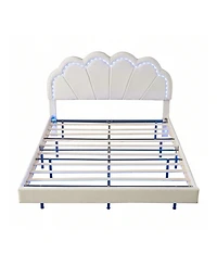 gaomon Queen Upholstered Bed Frame, Queen Platform Bed With Led Lights, Metal Legs, Flowers Headboard, Remote Control