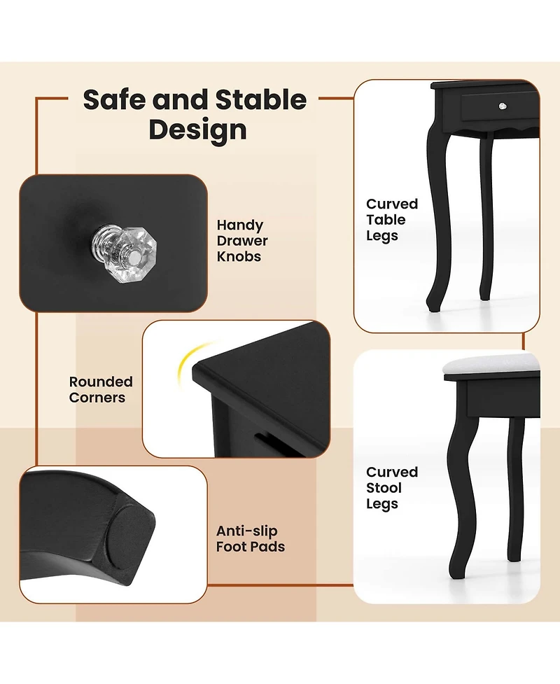 Makeup Vanity Set with Tri-Fold Mirror & Led Lights 4 Drawers Open Shelf