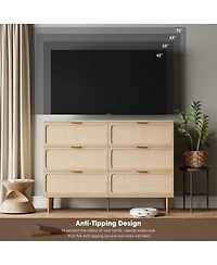 Rattan 6 Drawer Dresser for Bedroom, Large Double Dresser with Deep Drawers, Chest of Drawers