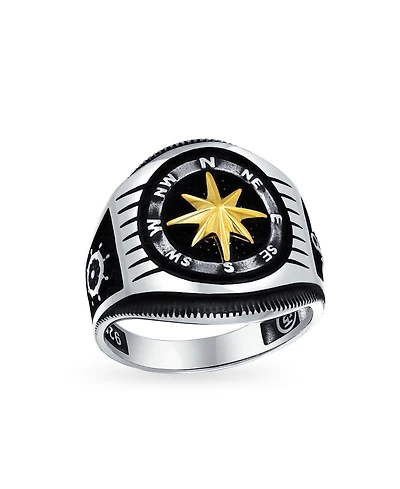 Bling Jewelry Large Boat Wheel Compass Signet Ring Black Gold-Tone .925 Silver