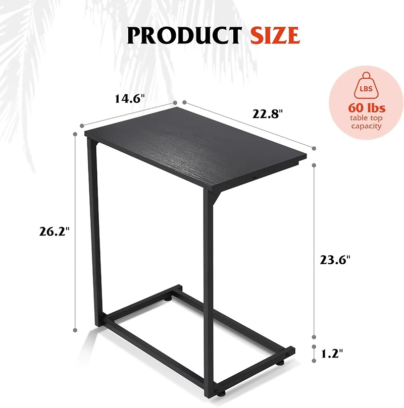 Wlive Side Table, C Shaped Wide End Table for Couch Sofa and Bed, Laptop Table, Tv Tray, 26 Inch Tall, Black