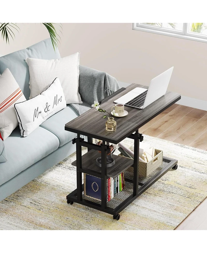 Tribesigns Height Adjustable C Table with Wheels and Tiltable Drawing Board, Sofa Bedside Laptop Stand C Shaped Tv Tray with Storage Shelves (Grey)