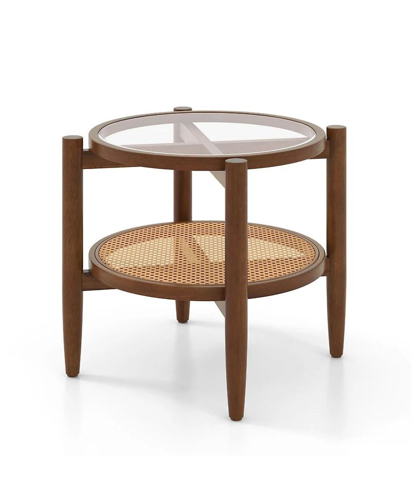Gymax 2-Tier Round Side End Table Pe Rattan Sofa Nightstand Tempered Glass Tabletop