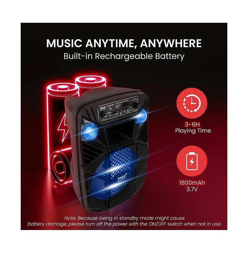 Pyle 8” Bluetooth Portable Pa Speaker with Party Lights, MP3/Usb/Fm Radio & Rechargeable Battery