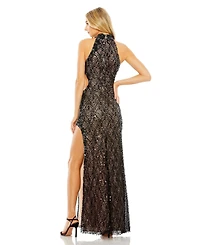 Mac Duggal Women's Side Cut Out High Neck Sequin Gown