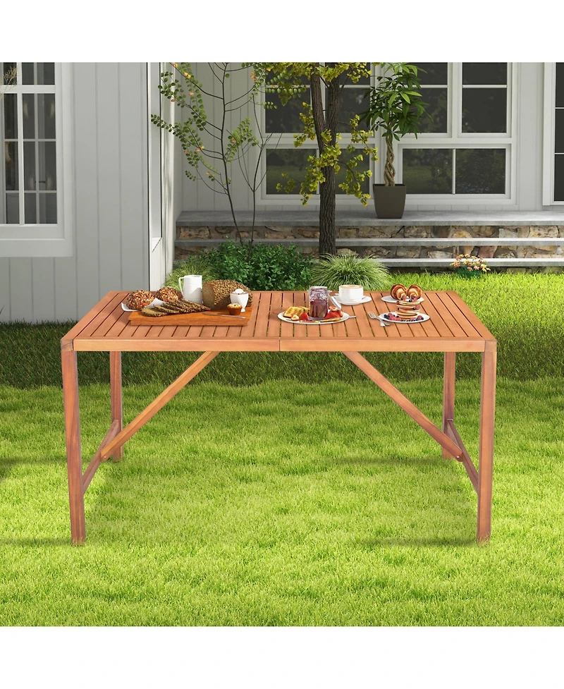 Sugift 55 Inch Patio Rectangular Acacia Wood Dining Table with Umbrella Hole
