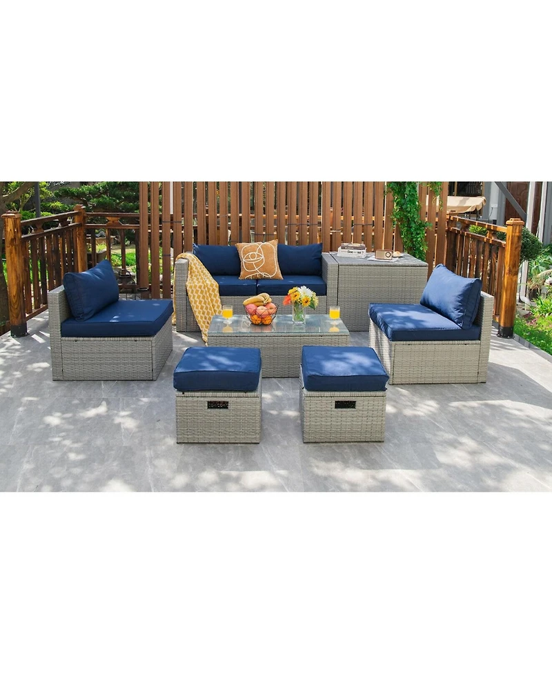Sugift 8 Pieces Patio Rattan Furniture Set with Storage Waterproof Cover and Cushion-Navy