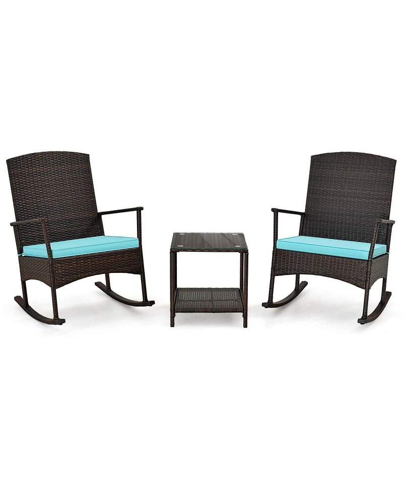 Sugift 3 Piece Patio Rocking Set Wicker Rocking Chairs with 2-Tier Coffee Table