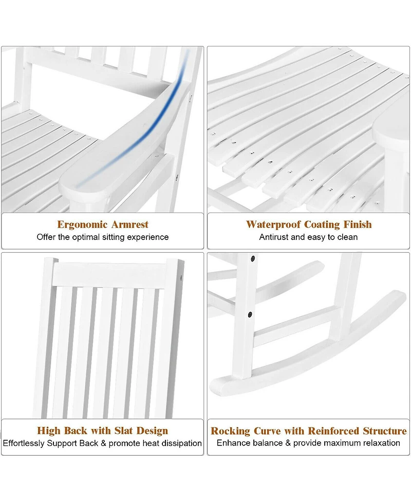 Sugift Indoor Outdoor Wooden High Back Rocking Chair-White