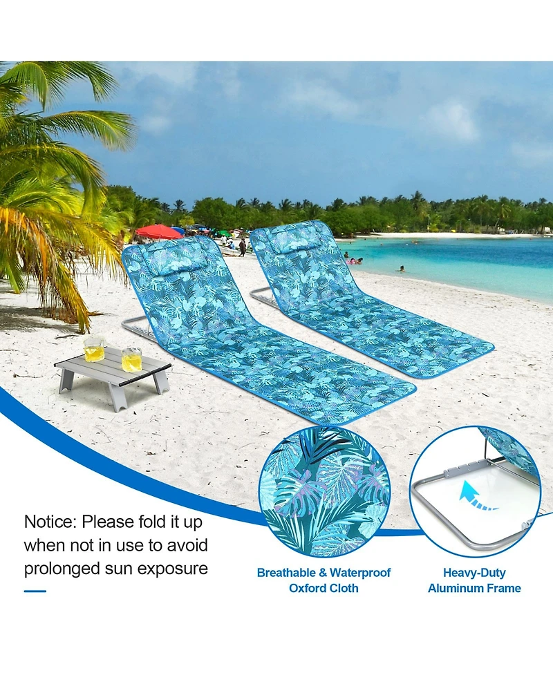 Sugift 3 Pieces Beach Lounge Chair Mat Set 2 Adjustable Lounge Chairs with Table Stripe-Green