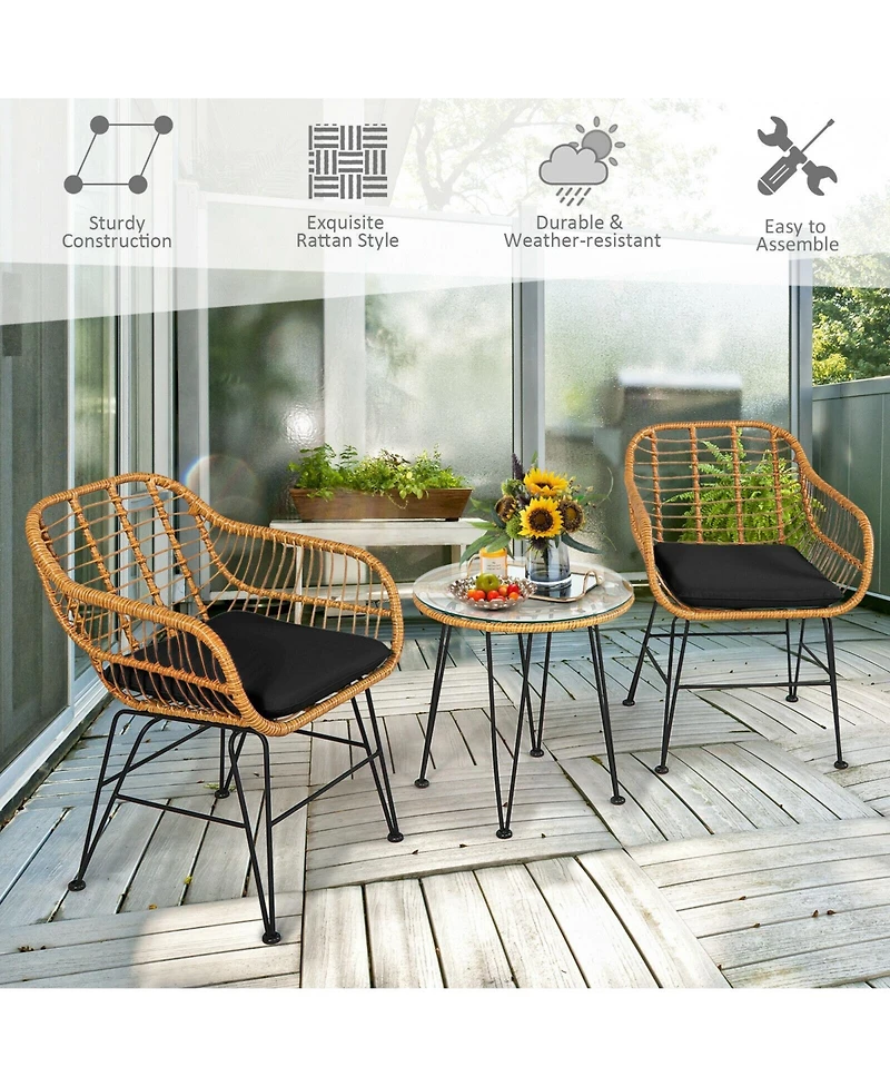 Sugift 3 Pieces Rattan Furniture Set with Cushioned Chair Table-Black