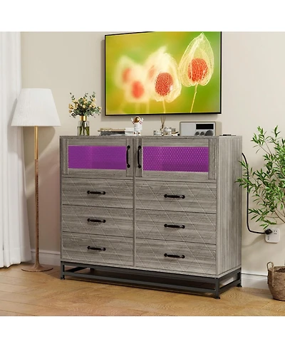 Dresser For Bedroom With Led Lights And Charging Station, 6 Drawer Double Dresser With 2 Shelves, Wide Modern Wooden Chest Of Drawers For Bedroom, Ent