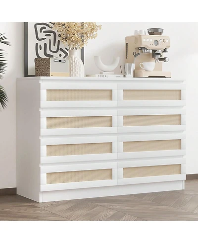 8 Drawer Double Dresser For Bedroom, Rattan Chest Of Dressers, Modern Wooden Dresser Chest