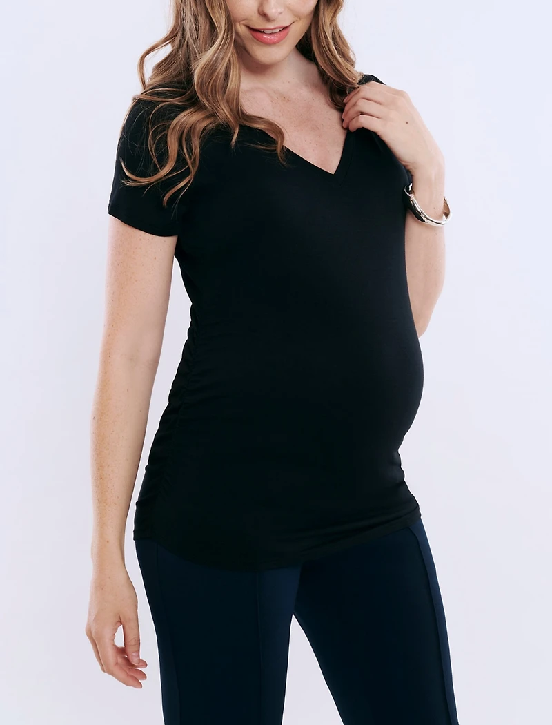 Motherhood Maternity Women's V-Neck Side-Ruched Short Sleeve Tee