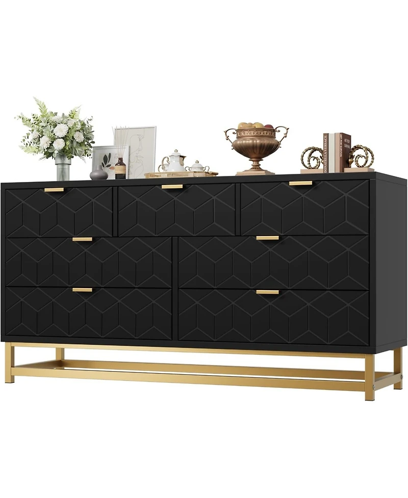 gaomon Dresser for Bedroom, Large 7 Drawer Dresser Organizer with Golden Metal Handle and Legs,Black