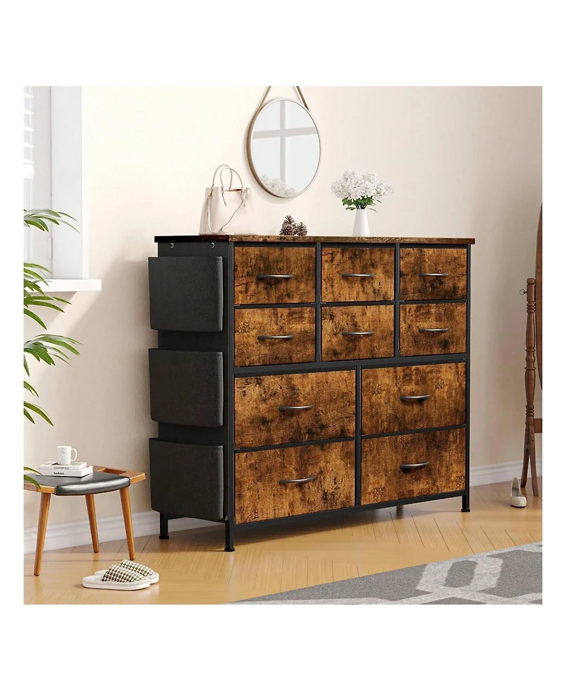 Dresser For Bedroom, 10 Drawers Fabric Storage Drawer, Dressers & Chest Of Drawers With Side Pockets, Hooks, Wood Tabletop For Closet, Living Room, Ha