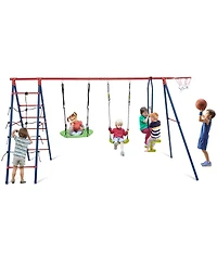 550 Lbs 6-in-1 Patio Kids Swing Set – Climbing Net, Ladder & Basketball Hoop