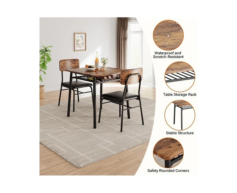 gaomon 3-Piece Dining Table Set, Modern Kitchen Table Set for 2, Dining Table and Chairs for 2 with Metal Frame, Storage Rack, Square Table and 2 Padd