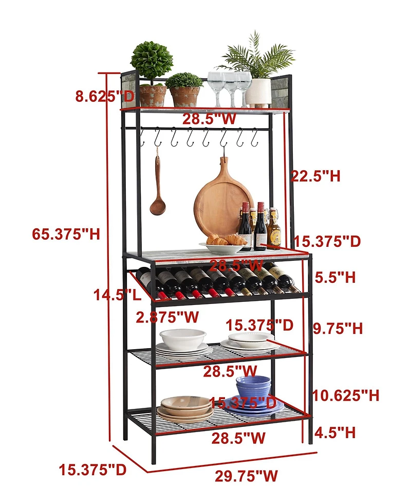 Kings Brand Furniture - Baker s Rack for Kitchen with Storage Shelves & Hooks, Microwave Stand Coffee Bar Station Wine Holder