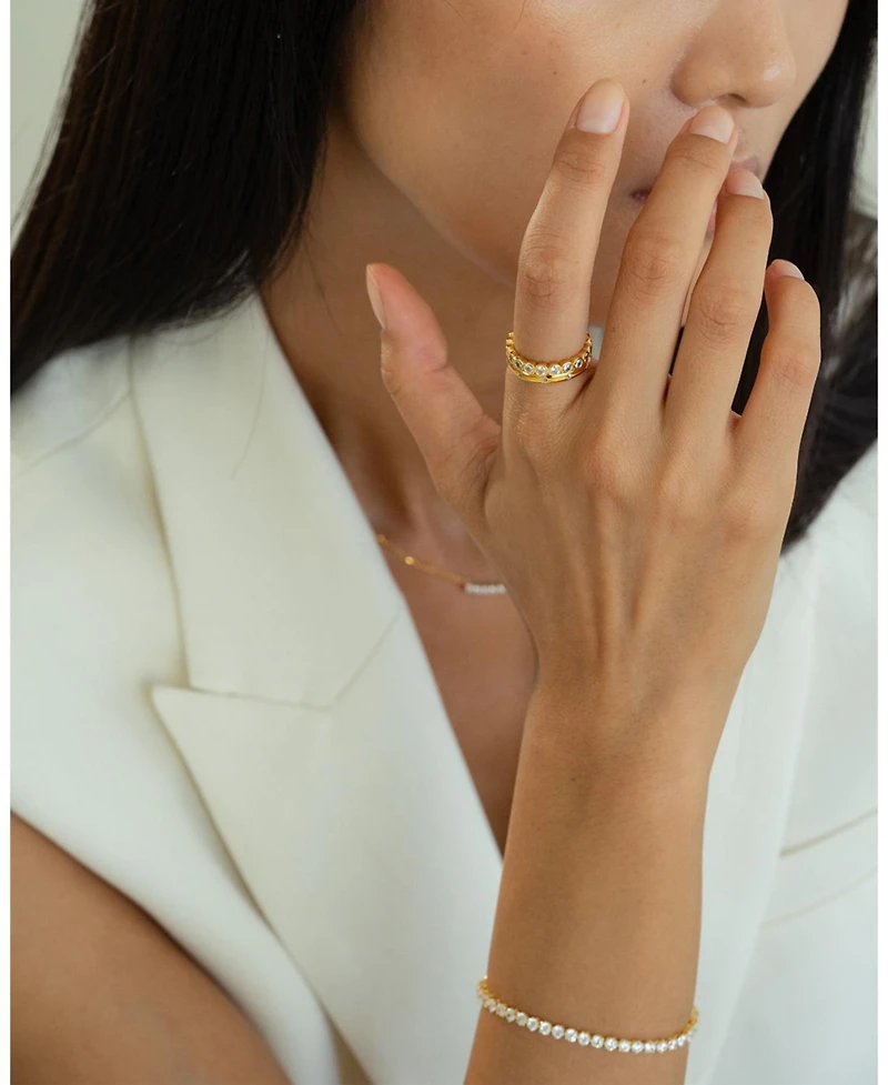 Sterling Silver 18k Gold Plated Sabrina Paved Band Ring Size 7 – Timeless Summer Band, Shimmering Detail, Chic Everyday Look