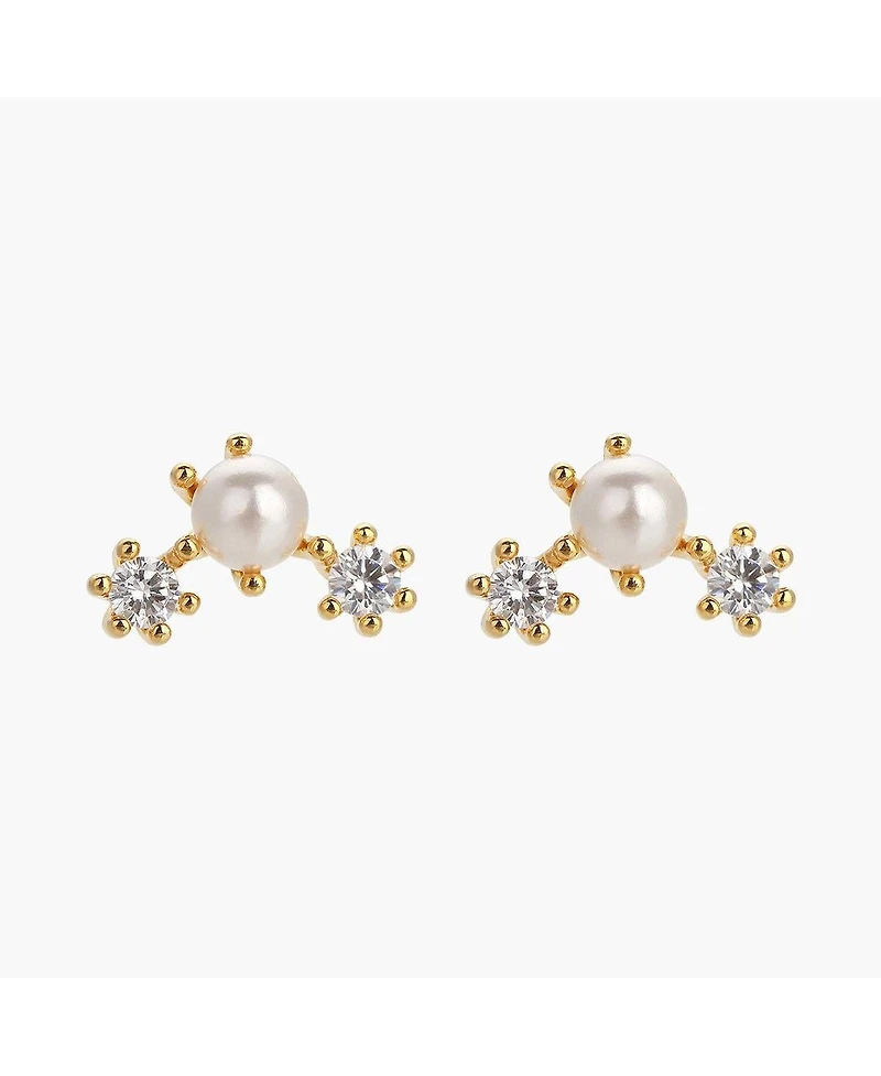 Sterling Silver 18k Gold Plated Dawn Pearl Stud Earrings – Dainty Summer Earrings, Lightweight, Vacation Style, Warm Weather Look