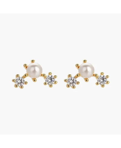 Sterling Silver 18k Gold Plated Dawn Pearl Stud Earrings – Dainty Summer Earrings, Lightweight, Vacation Style, Warm Weather Look