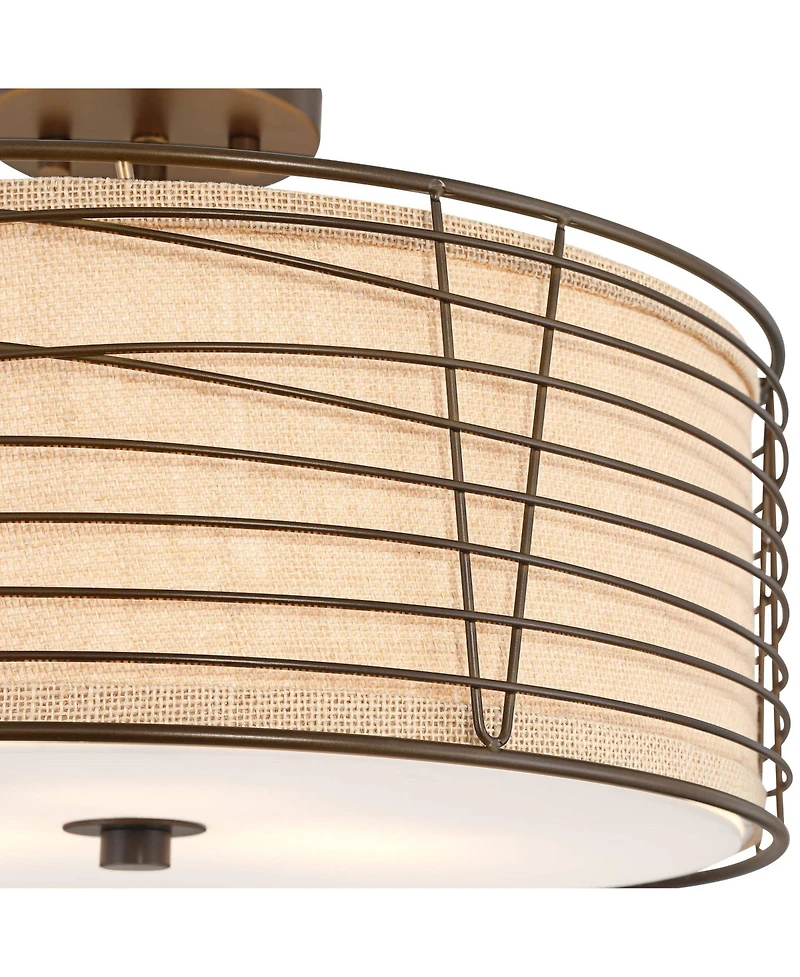 Franklin Iron Works Marlowe 18" Modern Semi Flush-Mount Ceiling Light Fixture Kitchen Foyer Drum Brown Bronze Finish Metal