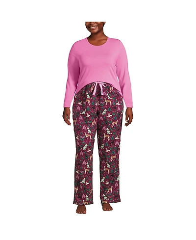 Lands' End Plus Pajama Set Knit Long Sleeve T-Shirt and Flannel Pants