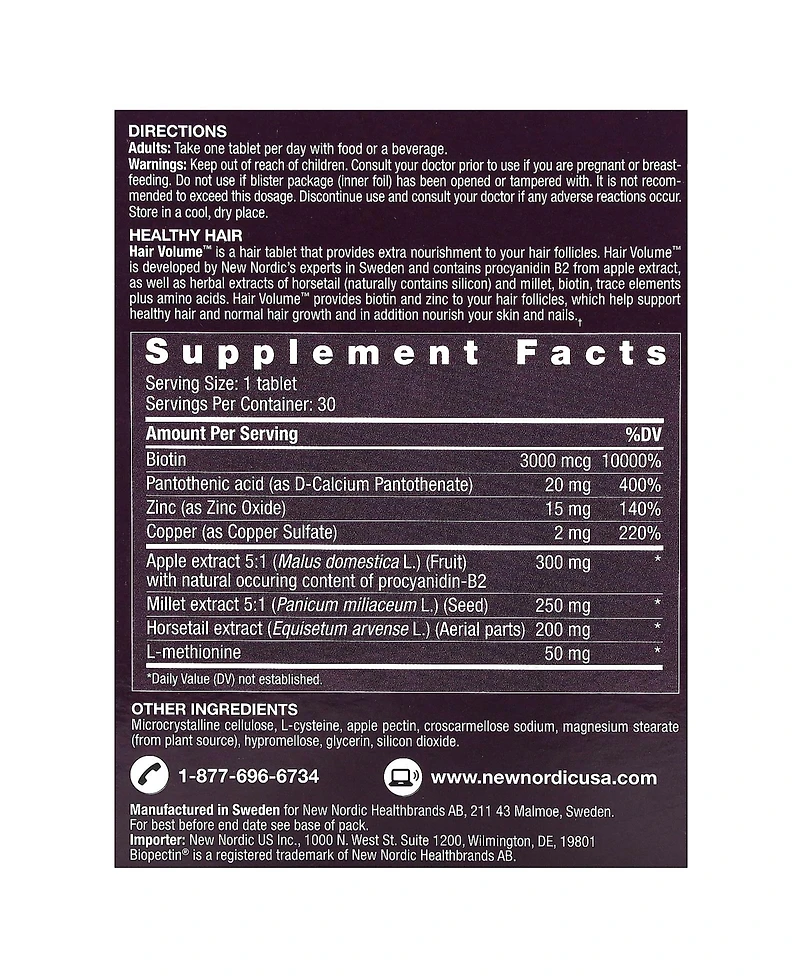 New Nordic Hair Volume Tablets | 3000 mcg Biotin & Biopectin Apple Extract | Supports Natural
