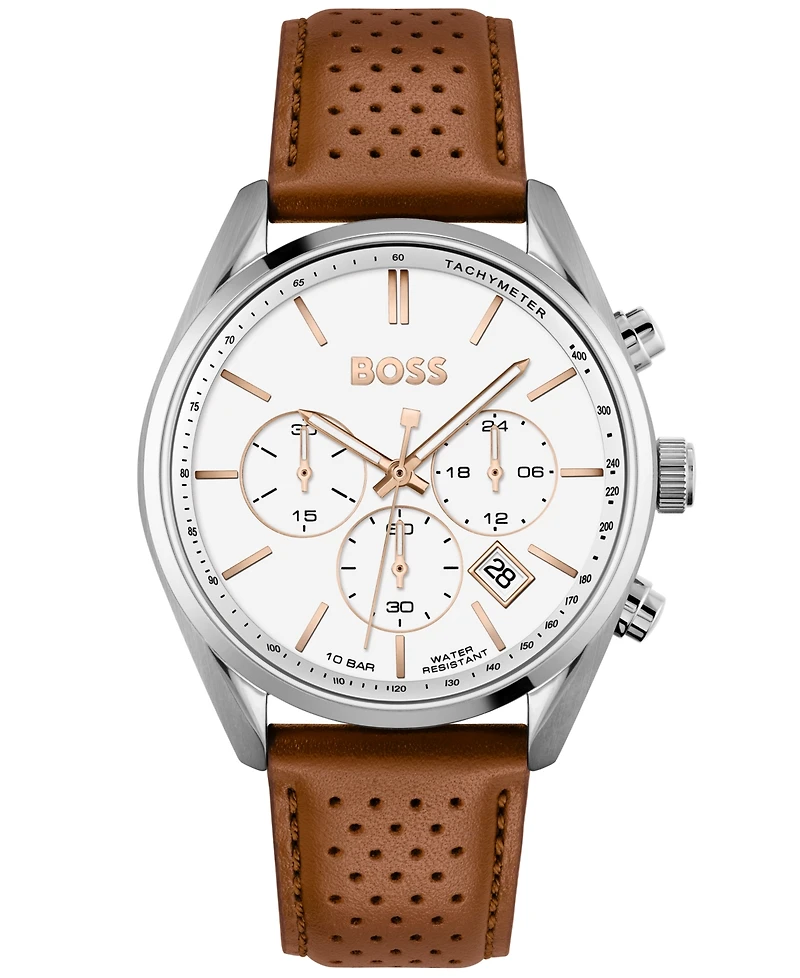 Hugo Boss Men's Chronograph Champion Brown Perforated Leather Strap Watch 44mm