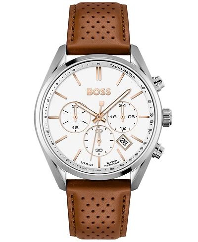 Hugo Boss Men's Chronograph Champion Brown Perforated Leather Strap Watch 44mm