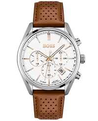 Hugo Boss Men's Chronograph Champion Brown Perforated Leather Strap Watch 44mm