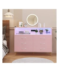 Dresser For Bedroom With Led Light & Charging Station, 6 Wooden Drawers Dressers With 2-Tier Open Shelves, Modern Chest Of Double Wide Drawers For Liv