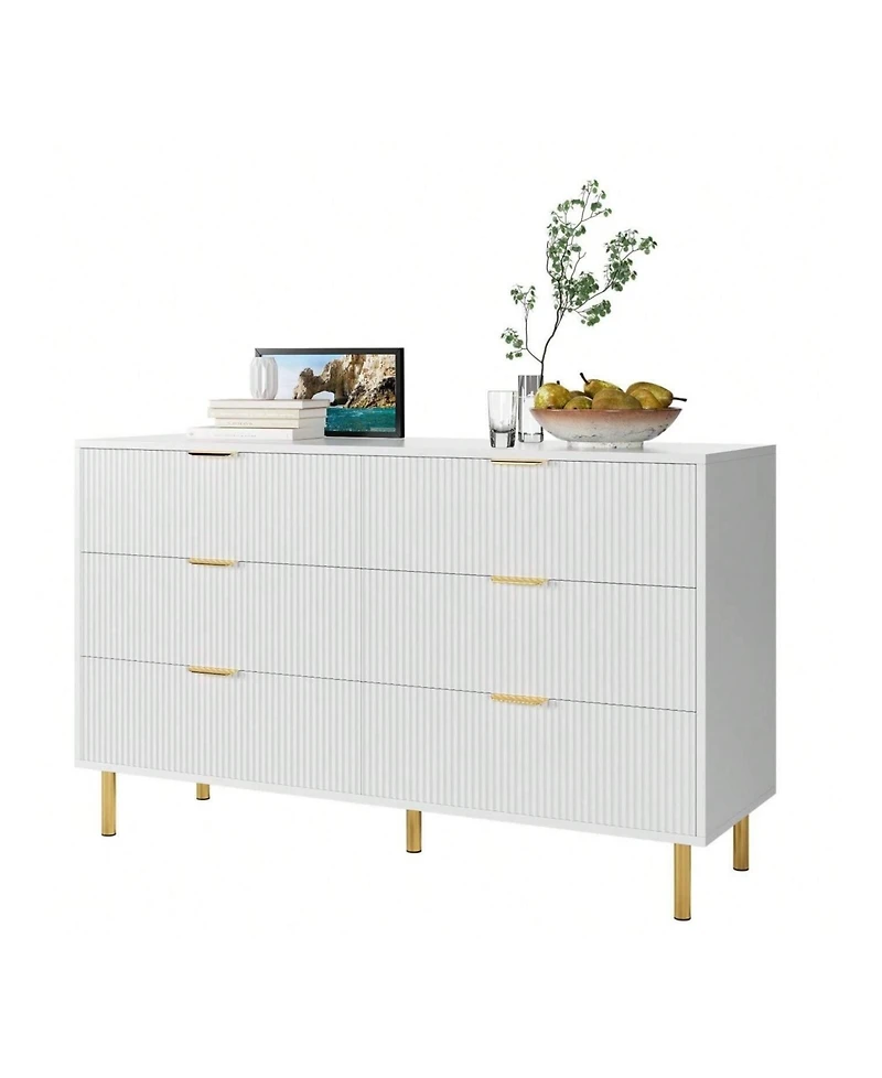 6 Drawer Dresser For Bedroom, 56" Wide Wood Dresser Organizer With Metal Legs, Modern Chest Of Drawers For Bedroom, Hallway
