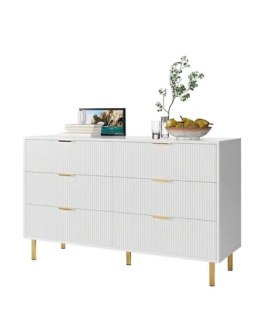 6 Drawer Dresser For Bedroom, 56" Wide Wood Dresser Organizer With Metal Legs, Modern Chest Of Drawers For Bedroom, Hallway