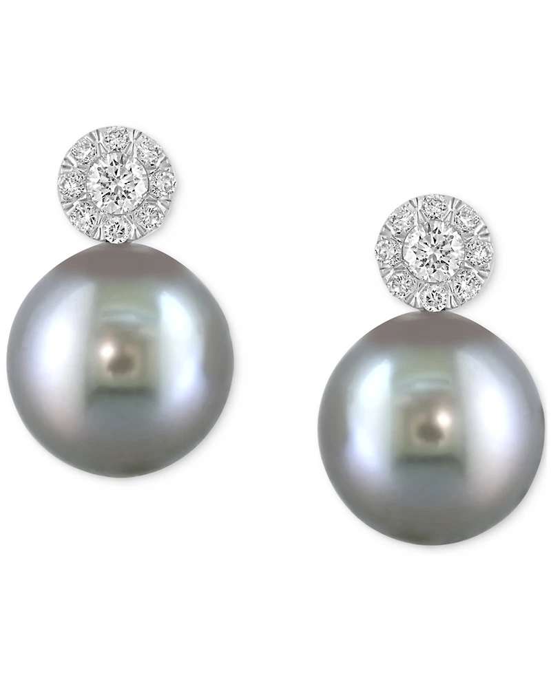 Effy Cultured Black Tahitian Pearl (9mm) & Diamond (1/4 ct. t.w.) Stud Earrings in 14k White Gold