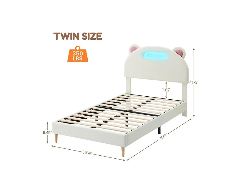 gaomon Led Twin Bed Frame with Beige Upholstered Adjustable Headboard, Velvet Platform, Wooden Slat Support, Noise-Free, No Box Spring Needed, Easy As