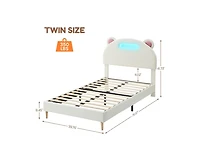 gaomon Led Twin Bed Frame with Beige Upholstered Adjustable Headboard, Velvet Platform, Wooden Slat Support, Noise-Free, No Box Spring Needed, Easy As
