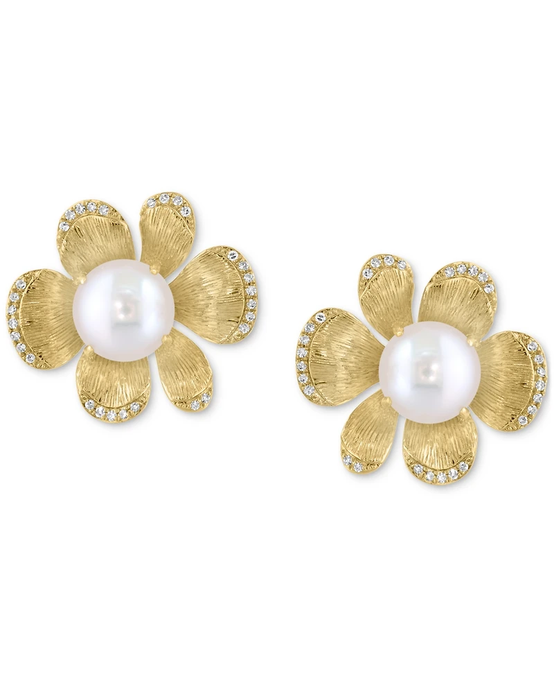 Effy Cultured Freshwater Pearl (8.5MM) & Diamond Flower Earrings (1/5 ct. t.w.) in 14k Yellow Gold