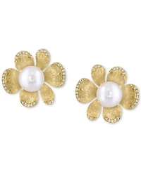 Effy Cultured Freshwater Pearl (8.5MM) & Diamond Flower Earrings (1/5 ct. t.w.) in 14k Yellow Gold