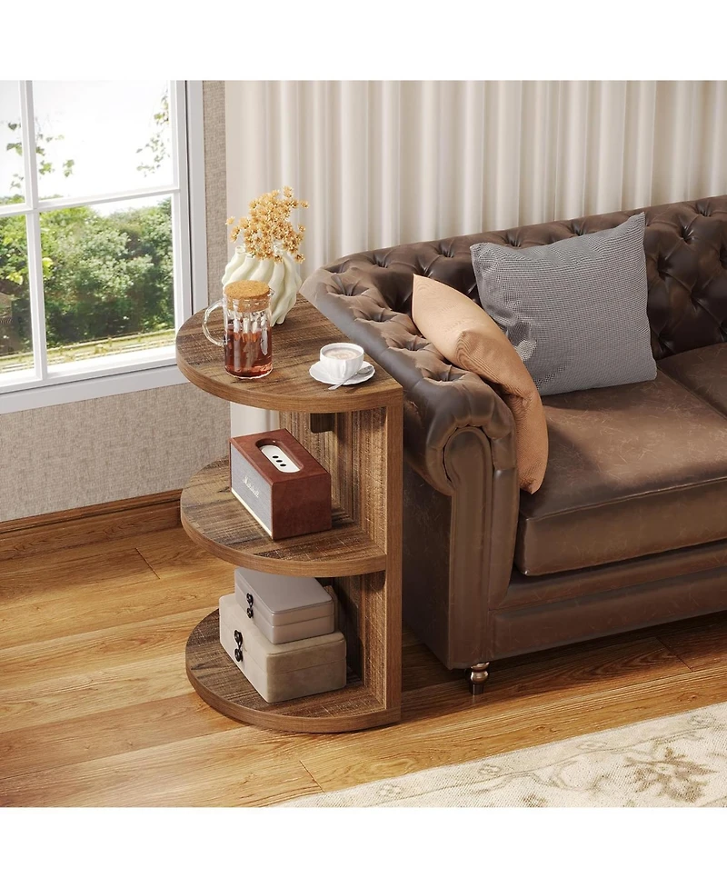Tribesigns 3-Tier Industrial Semi Circle End & Side Table with Storage, Narrow Wood Sofa Side Table Nightstand Bedside Table for Living Room Bedroom (