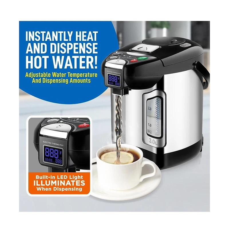 NutriChef 3L Digital Hot Water Dispenser with Adjustable Temperature and 360 Rotating Base - NCHUD43